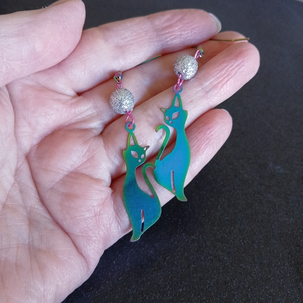 Titanium Rainbow Elegant Cat Hypoallergenic Dangle Earrings New Colorful Cute - Picture 5 of 5